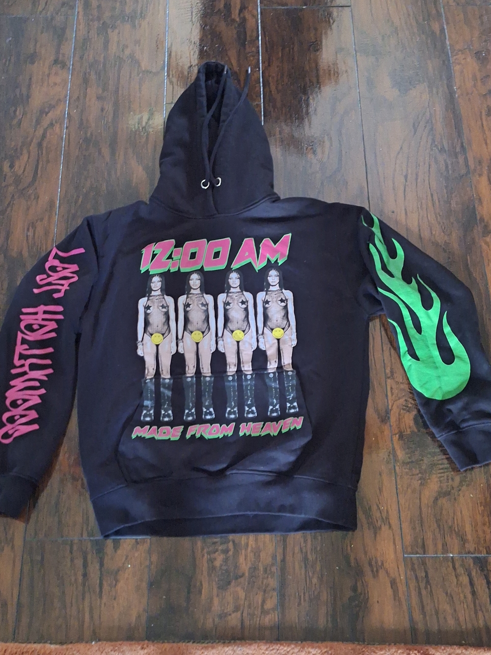 Men's Black Graphic Crewneck Sweater with Neon Green Flame and Pink Script